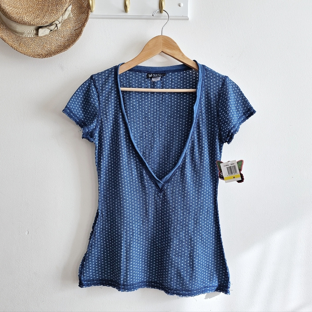 Self Esteem Junior Medium Blue Ribbed Deep V Neck Top NWT Y2K Made in USA